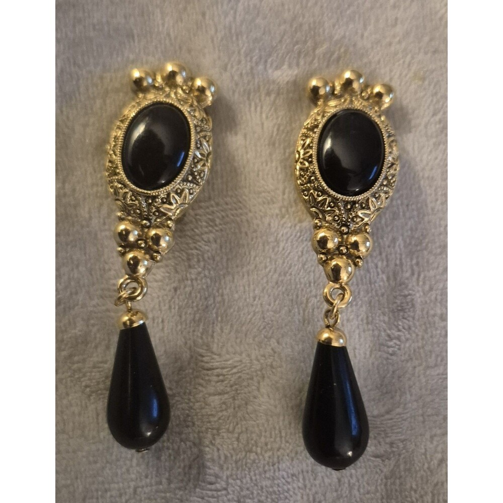 Vtg 90's Glam  Gold And Black Teardrop Dangle Statement Clip  Earrings 2.5 "